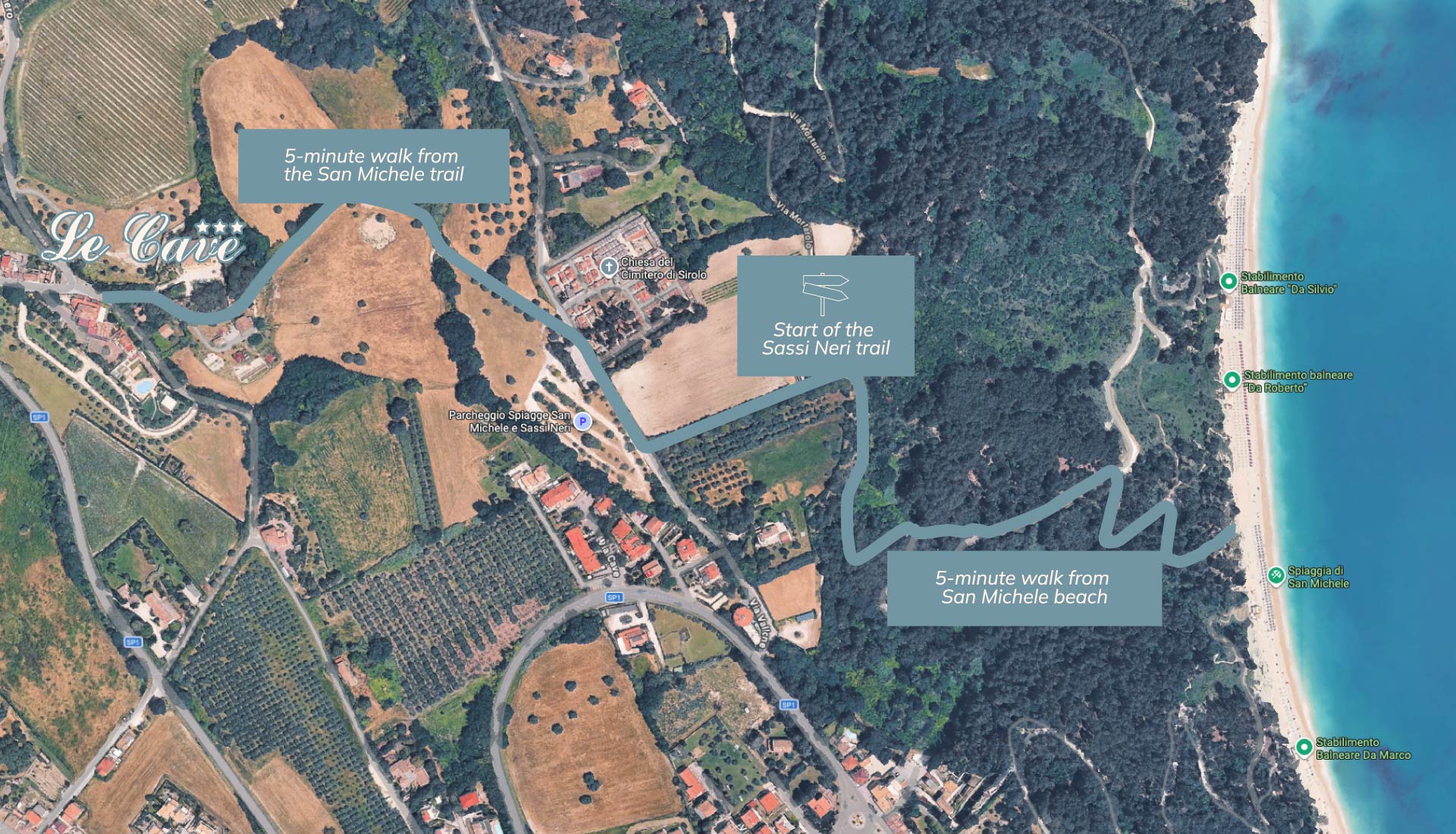 Distance from Le Cave Resort to the sea in Sirolo